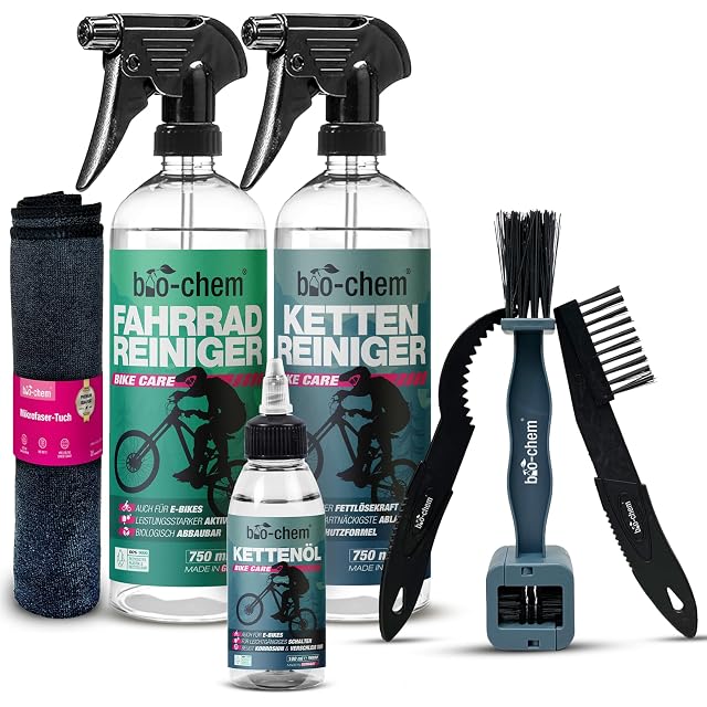 bio-chem seven-piece bike cleaning set with its bottles and brushes
