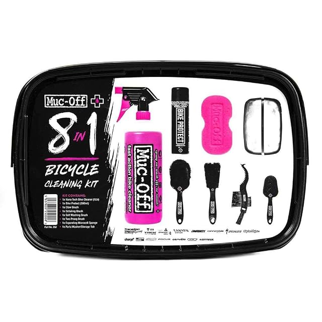 Muc-Off 8-in-1 cleaning kit with its bucket, brushes and bottles