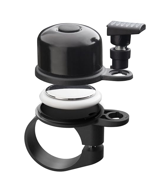 AIRBELL bicycle bell mounted on a handlebar, with its concealed tag compartment open