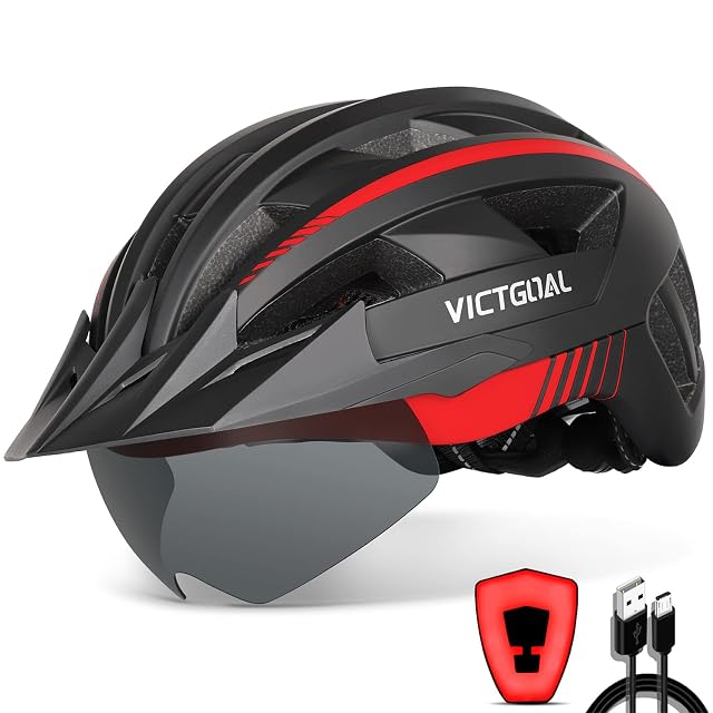 Victgoal mountain bike helmet with magnetic goggles attached and rear LED visible