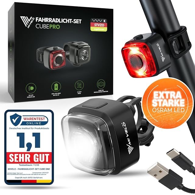 MIVELO Cube PRO bicycle light set, cube-shaped front and rear lamps