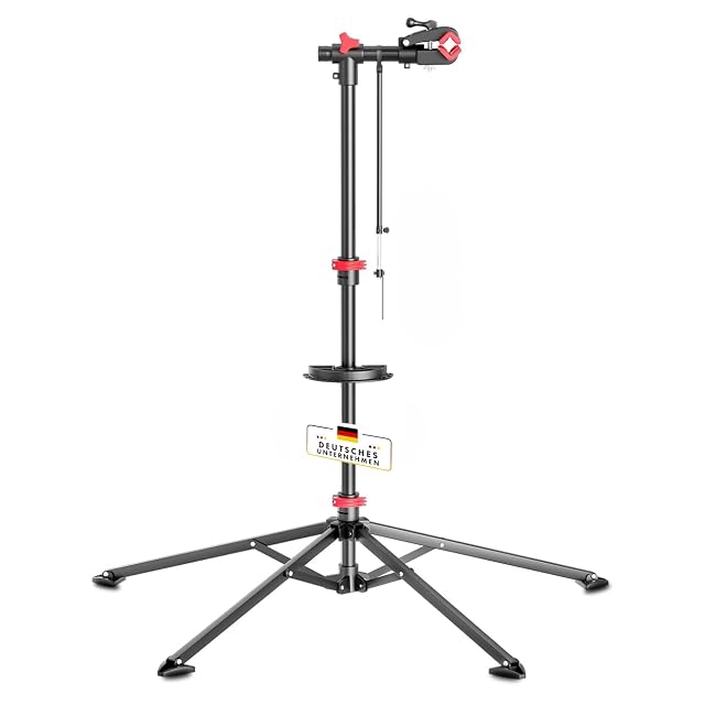Floordirekt Lois bike repair stand with its tool tray and rotating clamp
