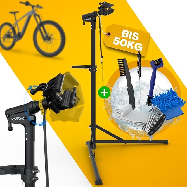 Tarpofix bike repair stand holding an e-bike at working height