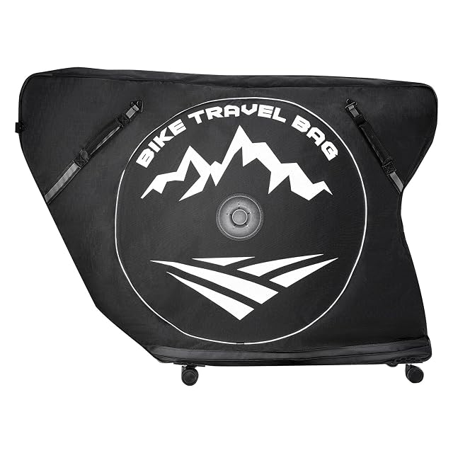 VEVOR triathlon bike travel bag on its rollers with the TSA lock visible