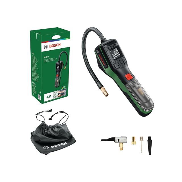 Bosch PNEO cordless inflator in blue and black with its display