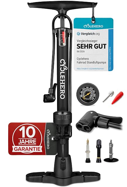 CYCLEHERO track pump with wide base and folding mechanism, hose stowed