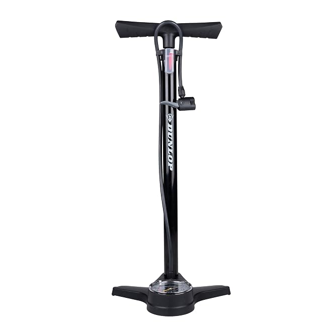 Dunlop track pump with its base-mounted gauge, hose and transparent adapter box