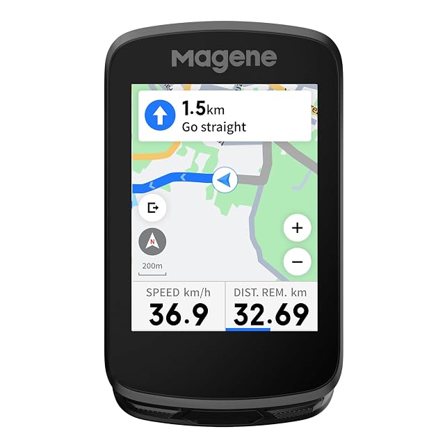 Magene C506 bike computer with a color touchscreen showing a map