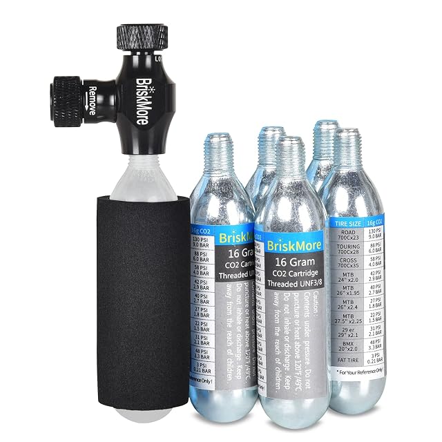 BriskMore CO2 inflator head in machined aluminum with its cartridges