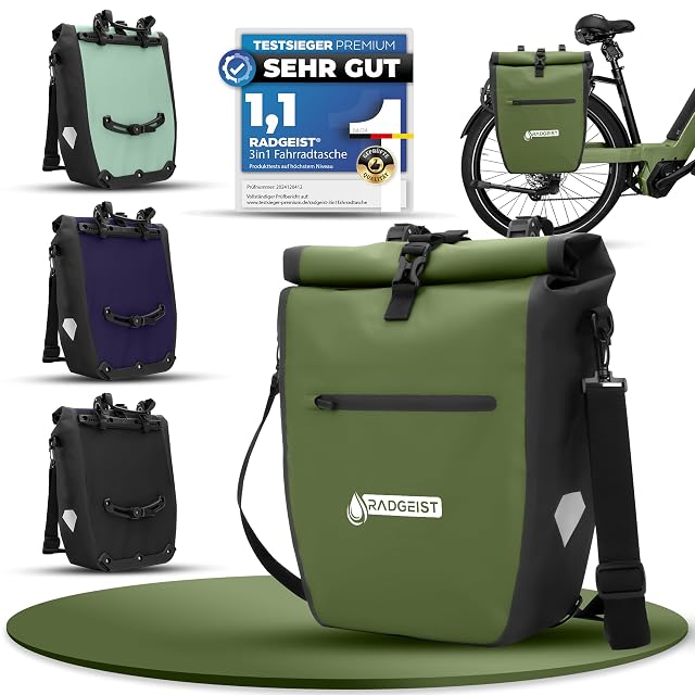 RADGEIST waterproof pannier mounted on a rear rack with its shoulder strap