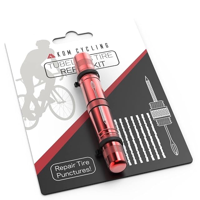 KOM Cycling red aluminum tubeless tire repair kit with reamer and fork