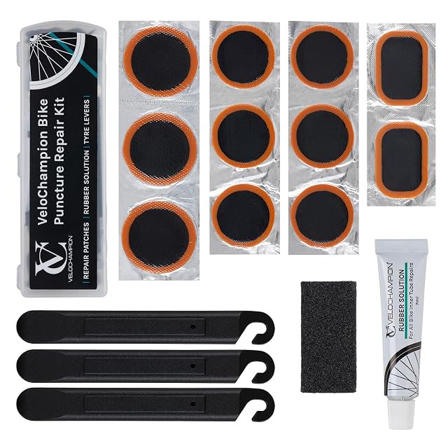 VeloChampion puncture repair kit with patches and vulcanizing fluid