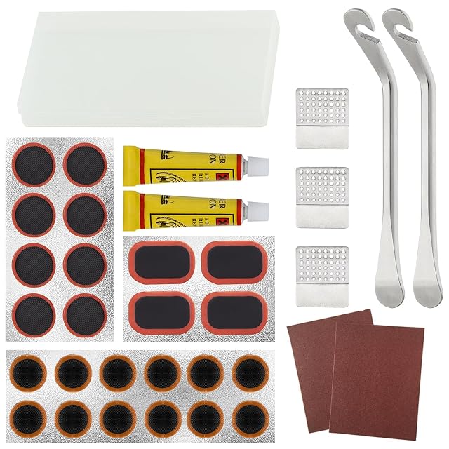 XIAOCUNCN bicycle puncture repair kit with patches, fluid and metal tire levers