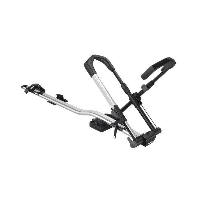 Thule UpRide roof bike carrier holding a bike by the front wheel
