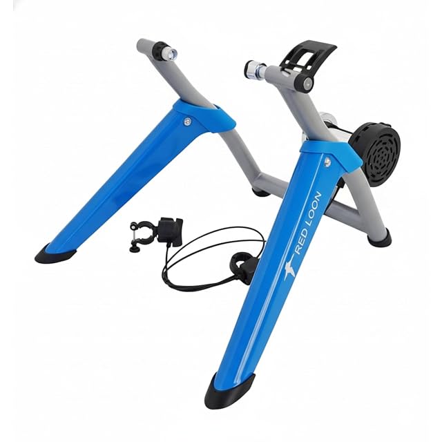 Red Loon folding turbo trainer with a rear wheel clamped in place