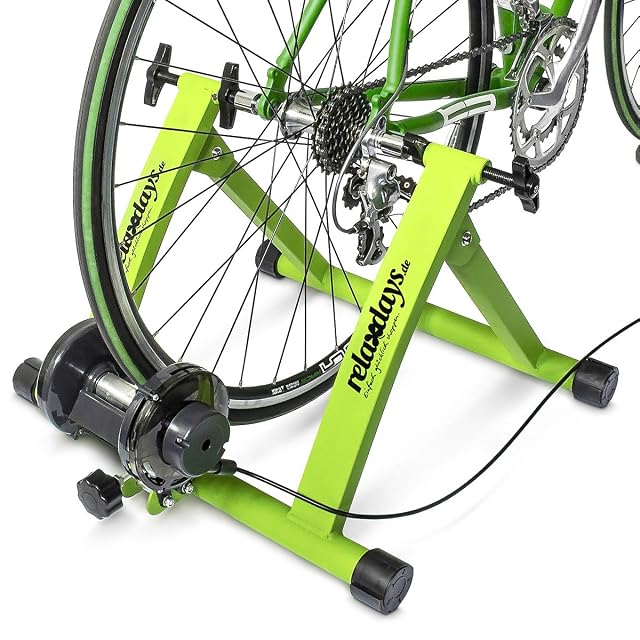 Relaxdays turbo trainer in green, assembled and ready for a bike